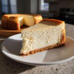 A creamy slice of baked cheesecake with a graham cracker crust, highlighting the texture of this cheesecake recipe.