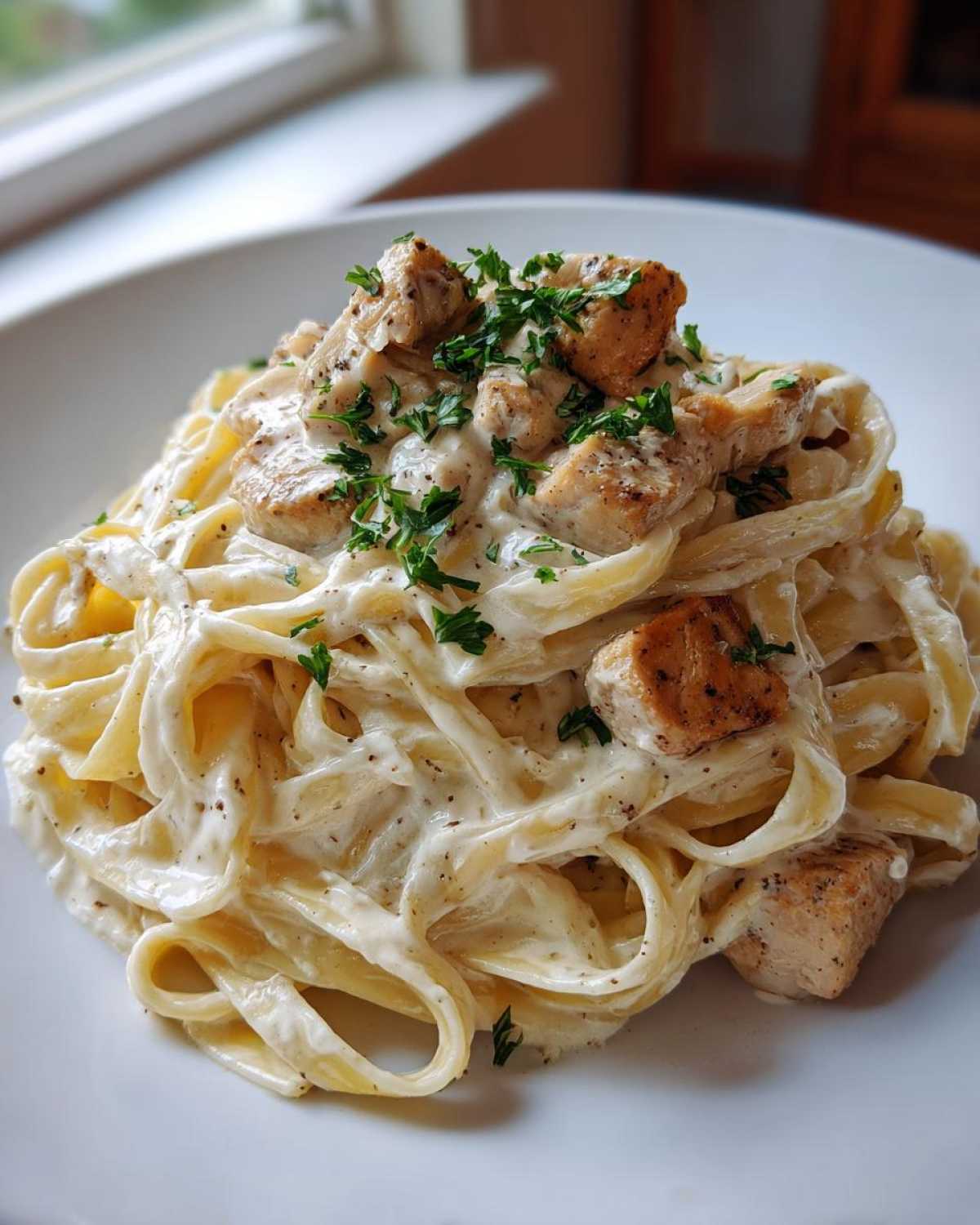 A close-up of creamy chicken alfredo pasta topped with seasoned chicken pieces and fresh parsley.