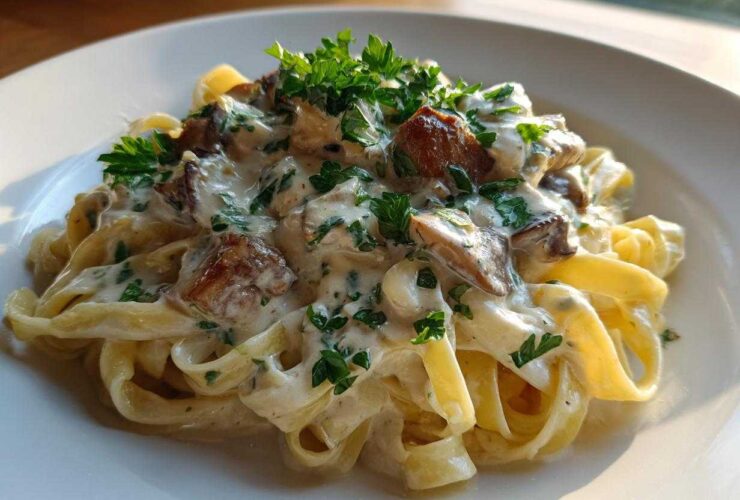 A serving of fettuccine pasta coated in creamy sauce with pieces of chicken and topped with fresh parsley, representing chicken alfredo.