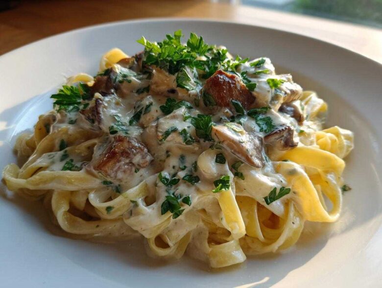 A serving of fettuccine pasta coated in creamy sauce with pieces of chicken and topped with fresh parsley, representing chicken alfredo.