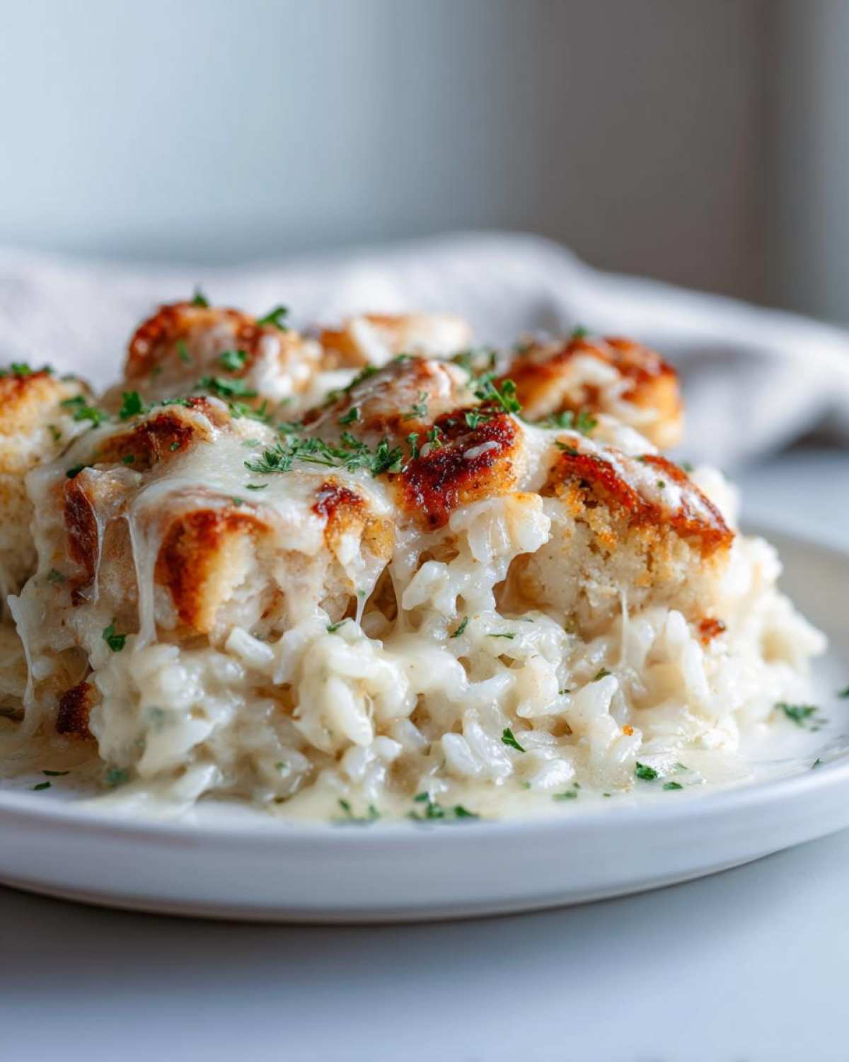 Close-up of a creamy chicken and rice casserole portion topped with melted cheese and parsley.