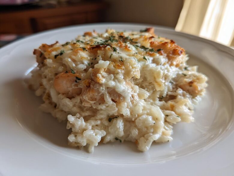 A close-up serving of creamy chicken and rice casserole topped with melted, browned cheese and parsley.
