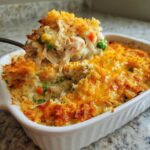 A spoonful of creamy chicken and wild rice casserole, topped with melted cheese and breadcrumbs, lifted from the baking dish.