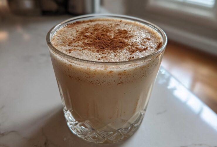 A glass of creamy, frothy coquito recipe drink dusted heavily with ground cinnamon.
