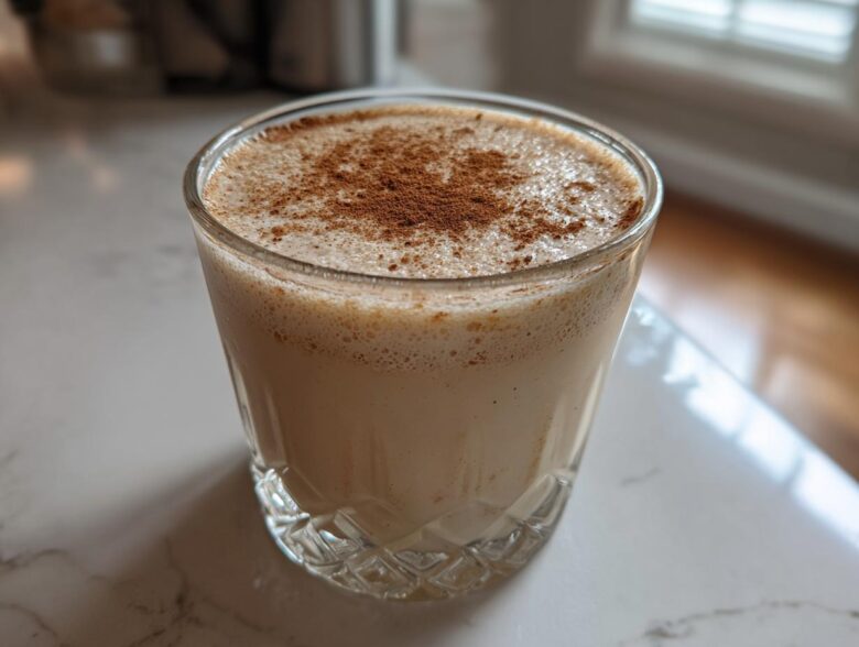 A glass of creamy, frothy coquito recipe drink dusted heavily with ground cinnamon.