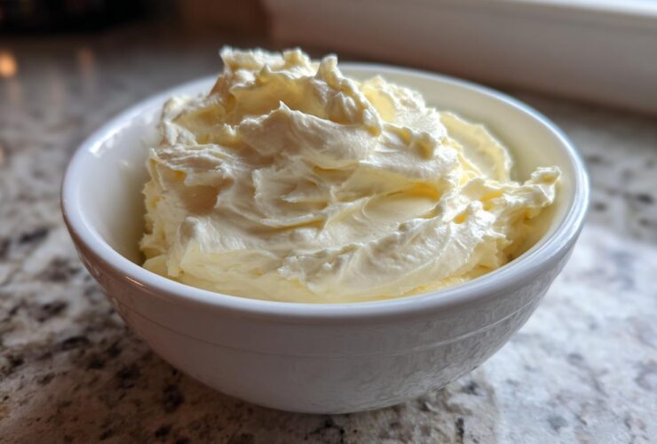 A small white bowl filled with freshly whipped, creamy garlic aioli sitting on a granite countertop.