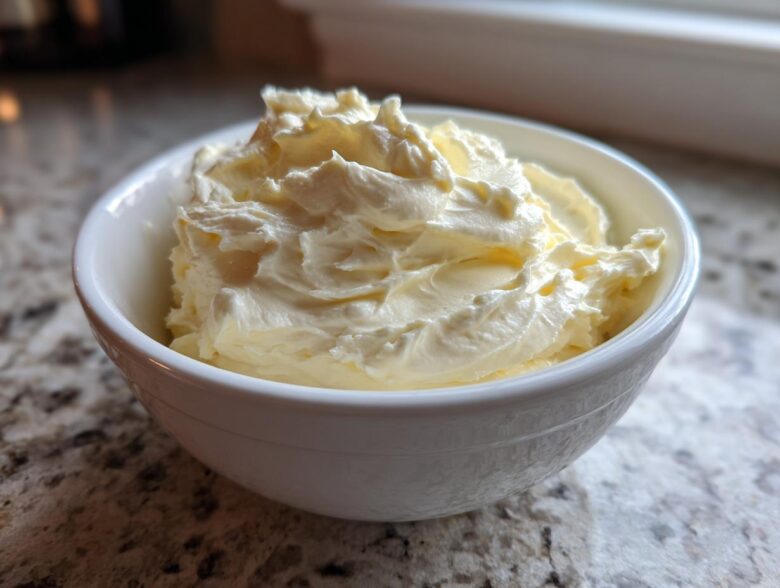 A small white bowl filled with freshly whipped, creamy garlic aioli sitting on a granite countertop.