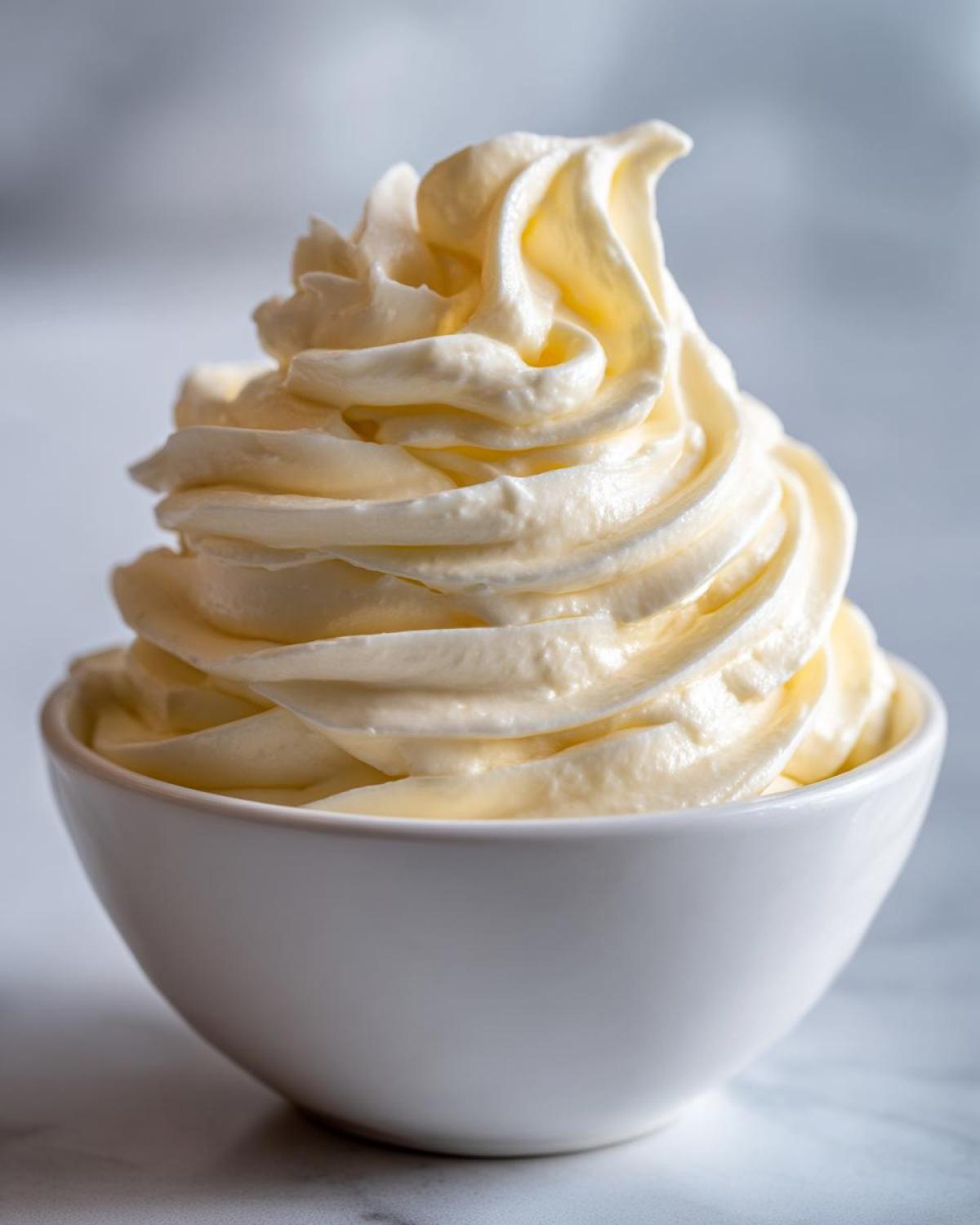 A close-up of creamy, pale yellow homemade garlic aioli piped high into a small white bowl.