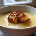 A close-up of creamy, pale yellow garlic soup topped with two golden brown, crispy croutons.