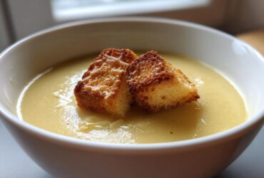 A close-up of creamy, pale yellow garlic soup topped with two golden brown, crispy croutons.