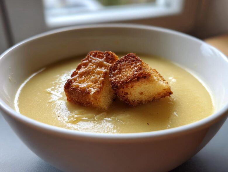 A close-up of creamy, pale yellow garlic soup topped with two golden brown, crispy croutons.