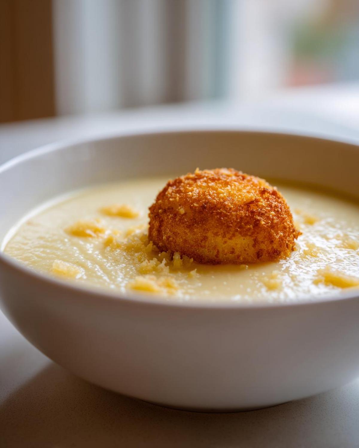 A close-up of creamy garlic soup topped with a large, golden, deep-fried crouton ball and grated cheese.