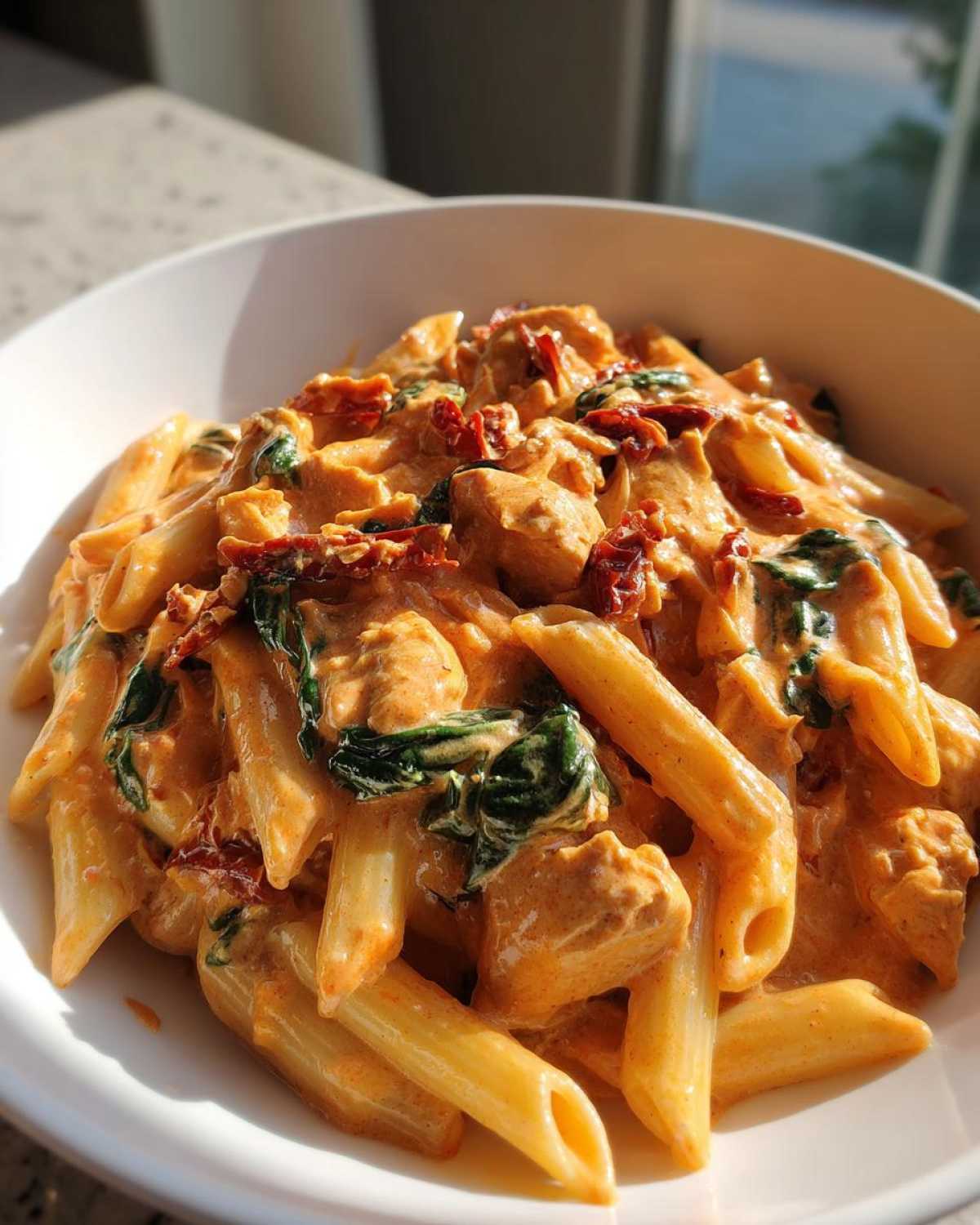 Close-up of creamy Marry Me Chicken Pasta with sun-dried tomatoes and spinach in a white bowl.