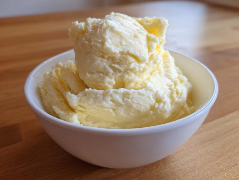 A close-up of a white bowl overflowing with incredibly creamy and fluffy mashed potatoes.