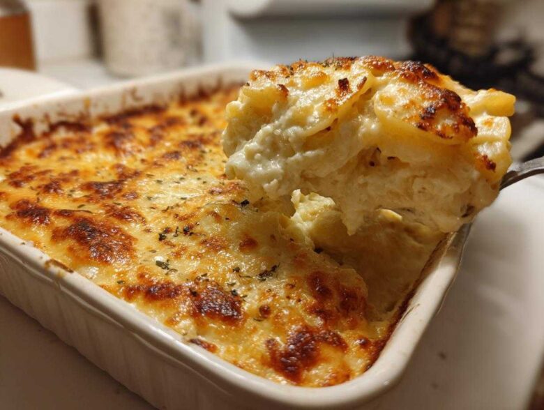 A scoop of creamy scalloped potatoes being lifted from a baking dish showing a golden-brown cheesy crust.