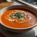 Close-up of a bowl of rich, creamy tomato bisque topped with a swirl of cream and fresh chopped herbs.