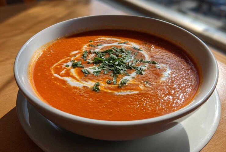 Close-up of a bowl of rich, creamy tomato bisque topped with a swirl of cream and fresh chopped herbs.