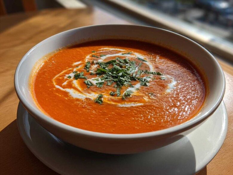 Close-up of a bowl of rich, creamy tomato bisque topped with a swirl of cream and fresh chopped herbs.