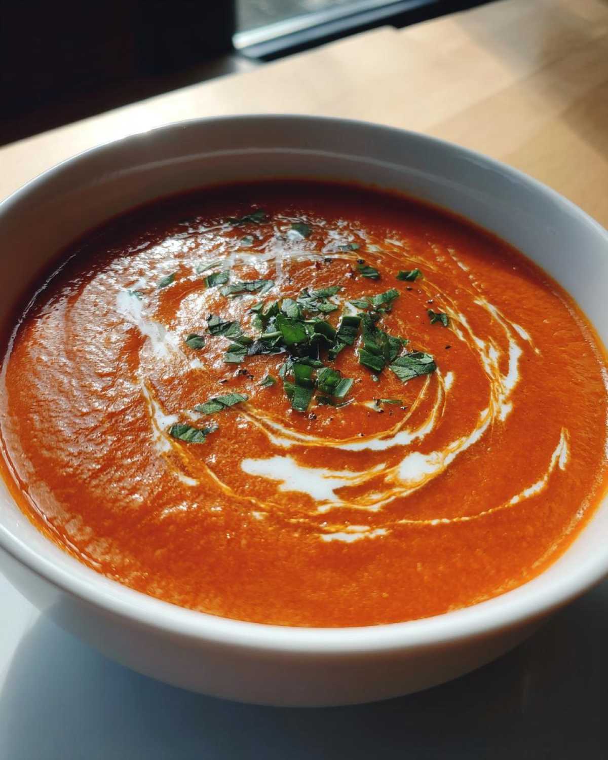 Close-up of a bowl of rich, creamy tomato bisque swirled with cream and topped with fresh chopped herbs.