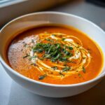 A close-up of a bowl of creamy tomato bisque, swirled with cream and topped with fresh chopped basil.