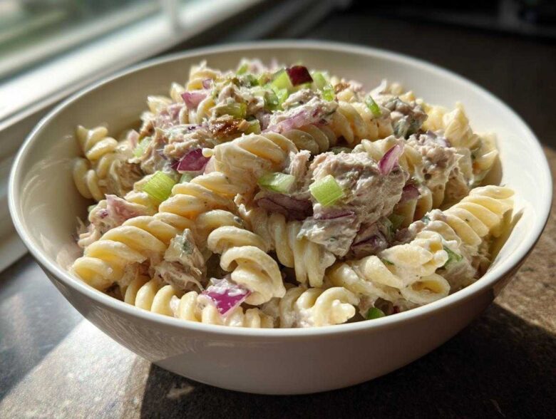 A close-up of creamy Tuna pasta salad made with rotini pasta, tuna, red onion, and celery in a white bowl.