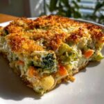 A close-up of a hearty slice of vegetable casserole featuring broccoli, carrots, and cauliflower in a creamy sauce with a crispy golden topping.