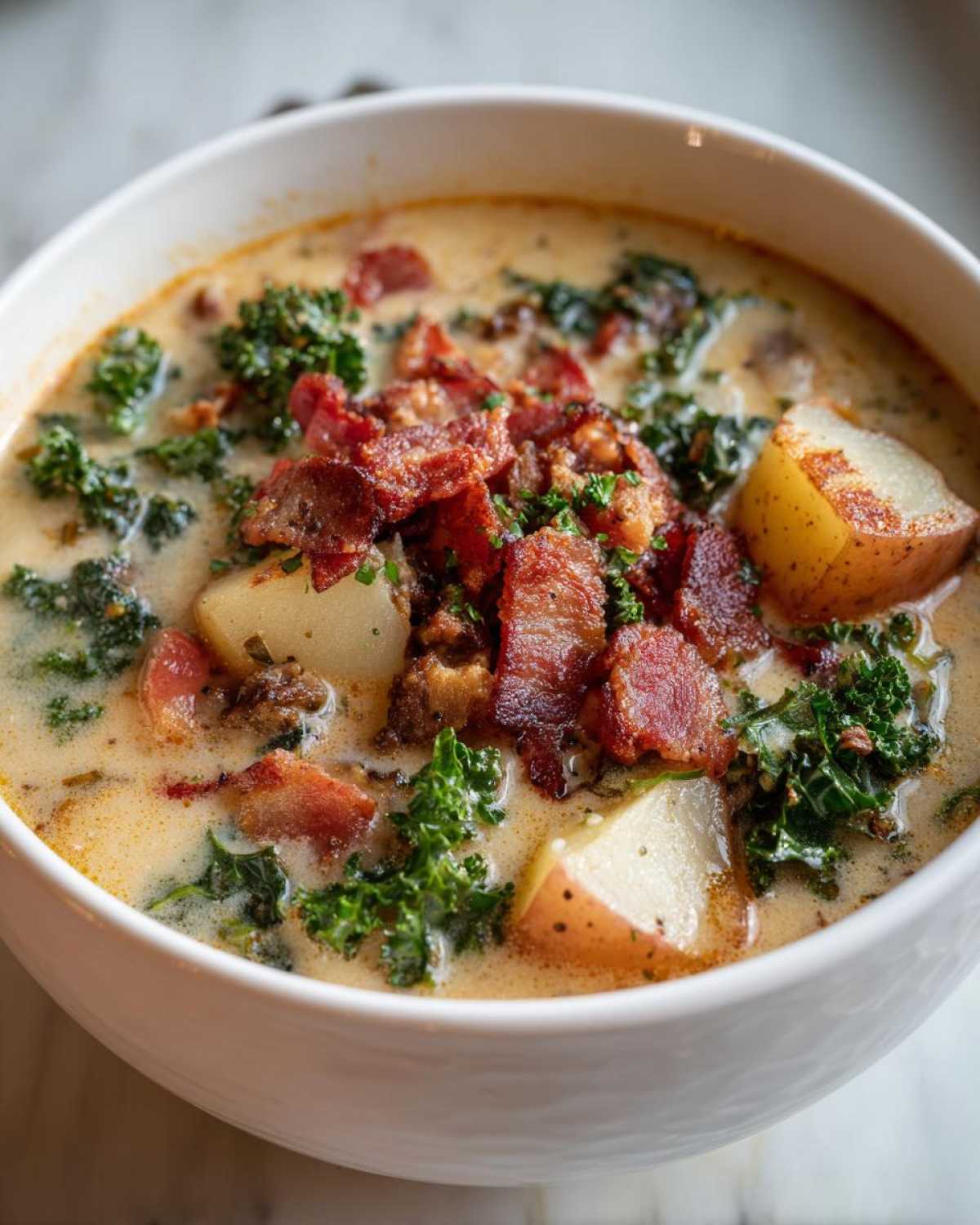 A close-up view of a bowl of creamy Zuppa Toscana soup, topped generously with crispy bacon, kale, and potato chunks.
