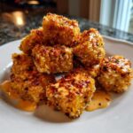 A pile of crispy, golden-brown bang bang salmon bites drizzled with spicy orange sauce on a white plate.