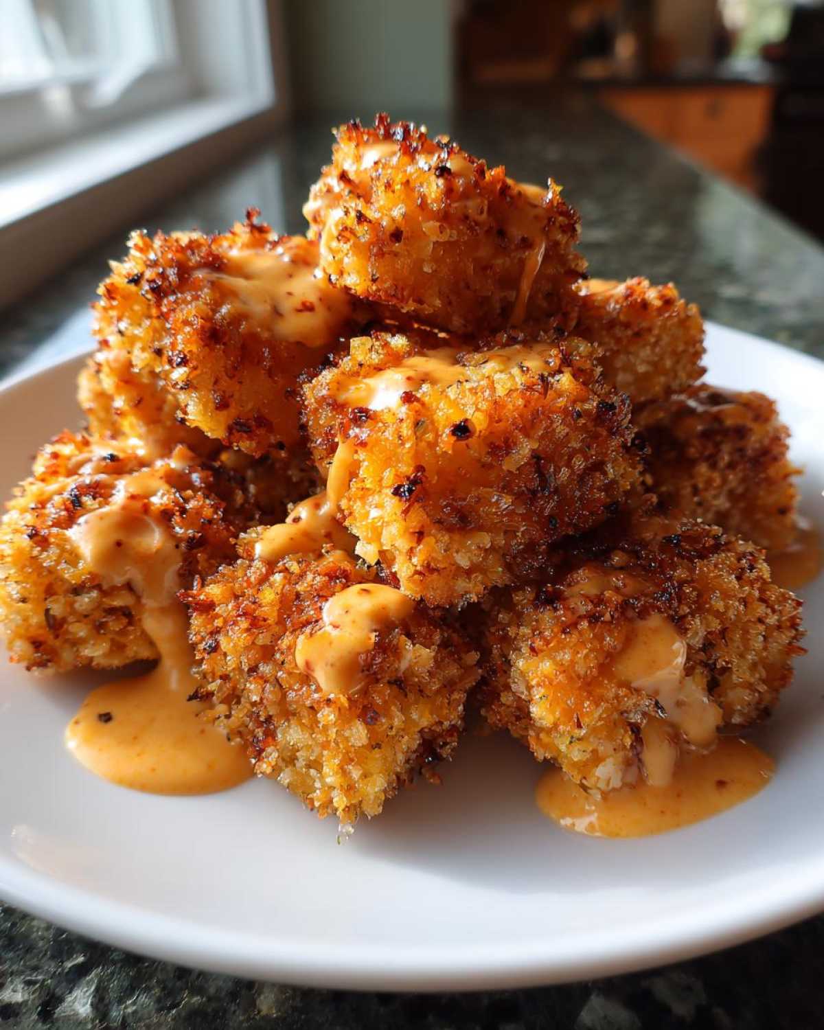 A stack of crispy, golden brown bang bang salmon bites drizzled generously with creamy orange sauce.