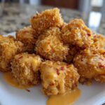 Close-up of crispy, bite-sized pieces of Bang Bang Salmon drizzled with a creamy orange sauce and chili flakes.