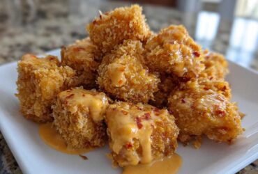 Close-up of crispy, bite-sized pieces of Bang Bang Salmon drizzled with a creamy orange sauce and chili flakes.