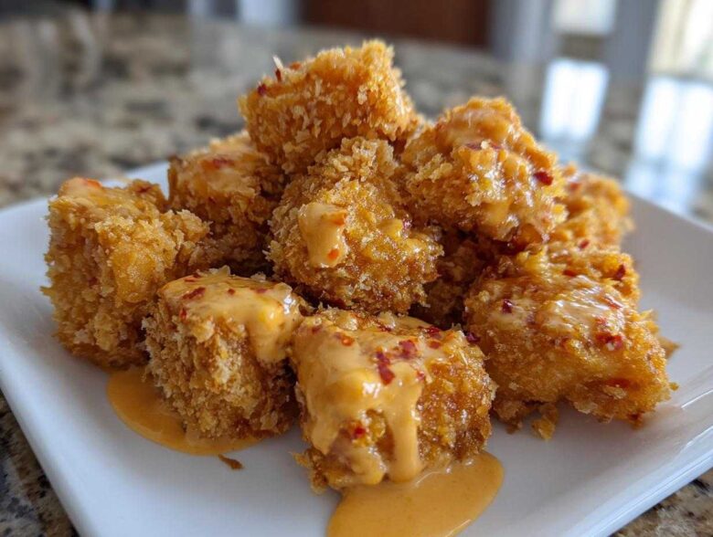 Close-up of crispy, bite-sized pieces of Bang Bang Salmon drizzled with a creamy orange sauce and chili flakes.