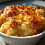 Close-up of creamy crockpot cheesy potatoes with a golden, bubbly, baked cheese topping in a white ramekin.