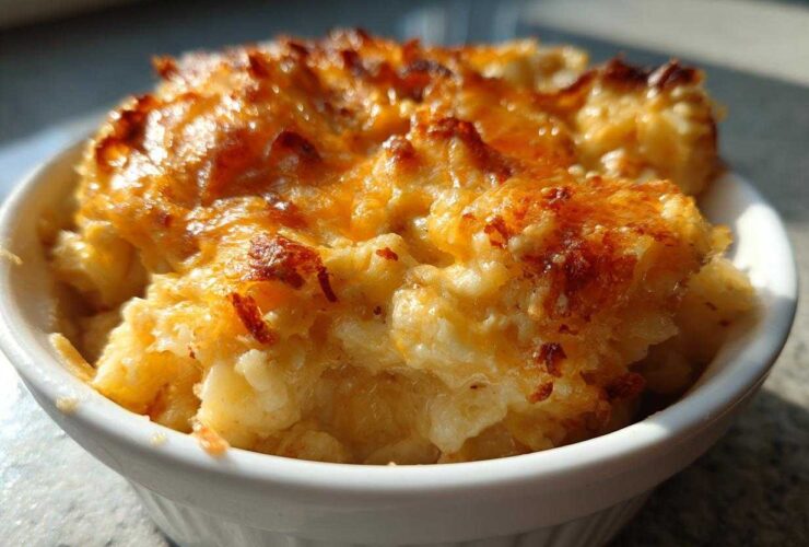 Close-up of creamy crockpot cheesy potatoes with a golden, bubbly, baked cheese topping in a white ramekin.