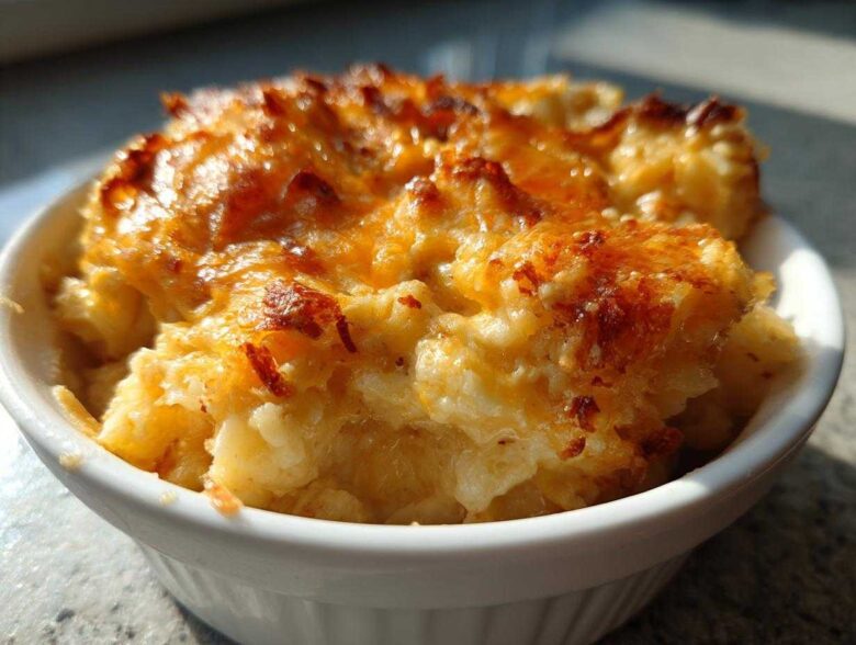 Close-up of creamy crockpot cheesy potatoes with a golden, bubbly, baked cheese topping in a white ramekin.