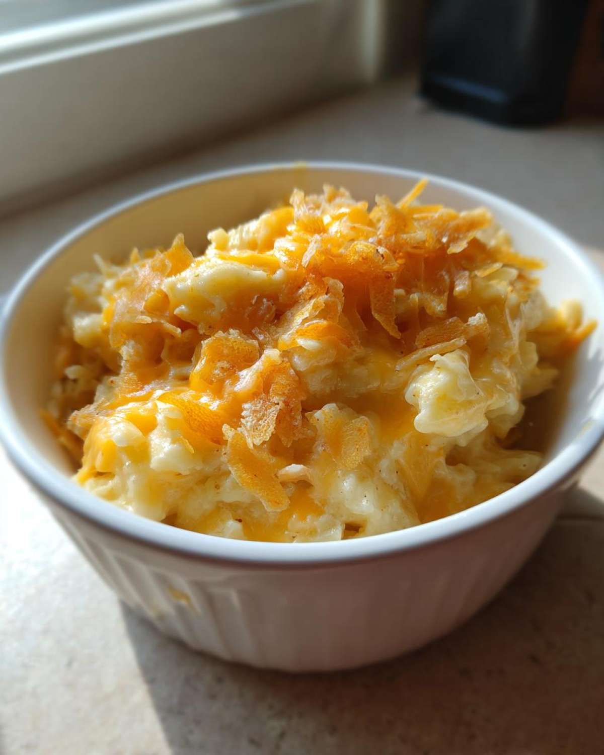 A white bowl filled with creamy crockpot cheesy potatoes topped generously with melted and shredded cheddar cheese.