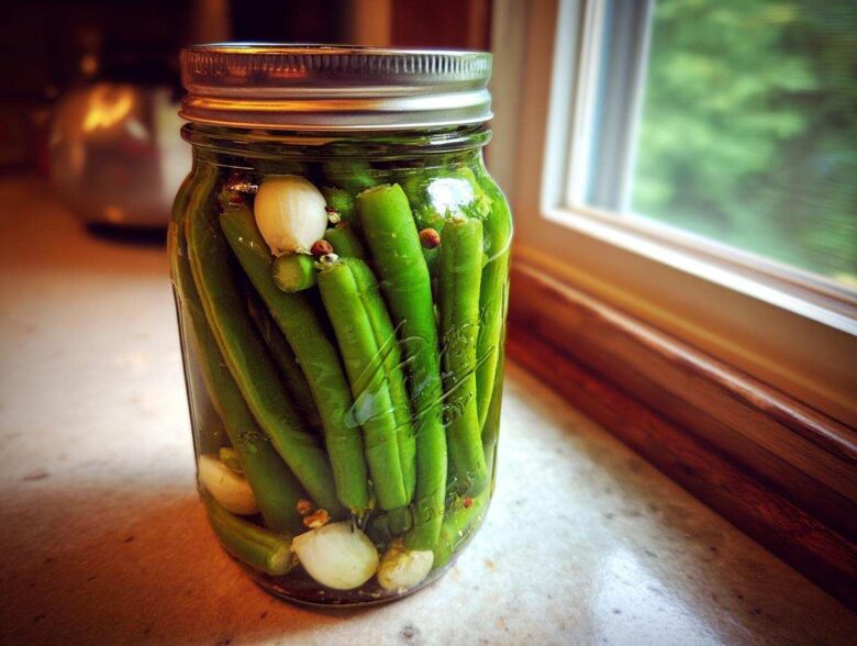 A glass jar filled with bright green dilly beans, garlic cloves, and spices, ready for pickling.