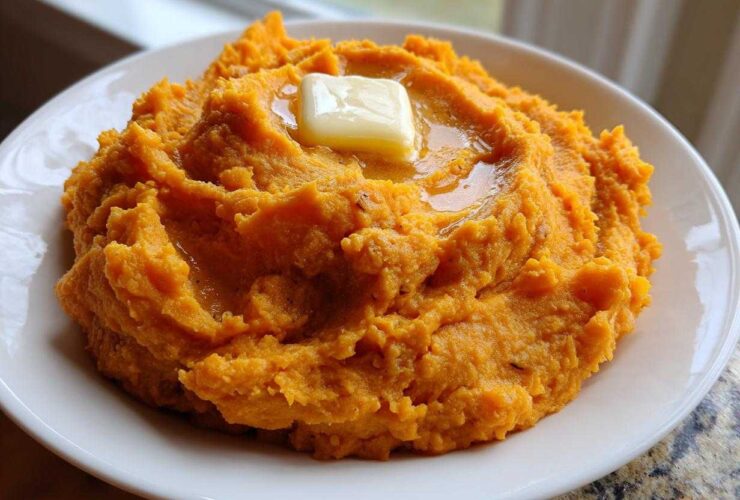 A close-up of creamy, bright orange mashed sweet potatoes topped with a melting pat of butter.