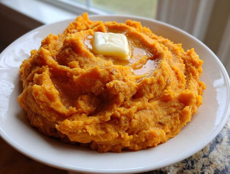 A close-up of creamy, bright orange mashed sweet potatoes topped with a melting pat of butter.