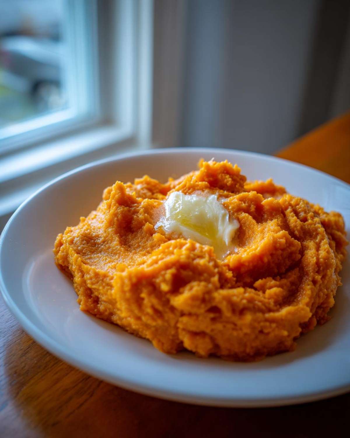 A close-up of creamy, orange mashed sweet potatoes topped with a melting pat of butter in a white bowl.