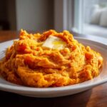 A close-up of rich, orange mashed sweet potatoes topped with a melting pat of butter.