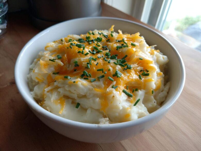 A white bowl filled with creamy easy crockpot potato soup topped with melted cheddar cheese and fresh chopped chives.