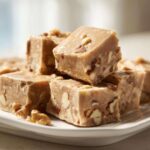 Close-up of creamy, light brown maple fudge squares loaded with chopped walnuts, stacked on a white plate.