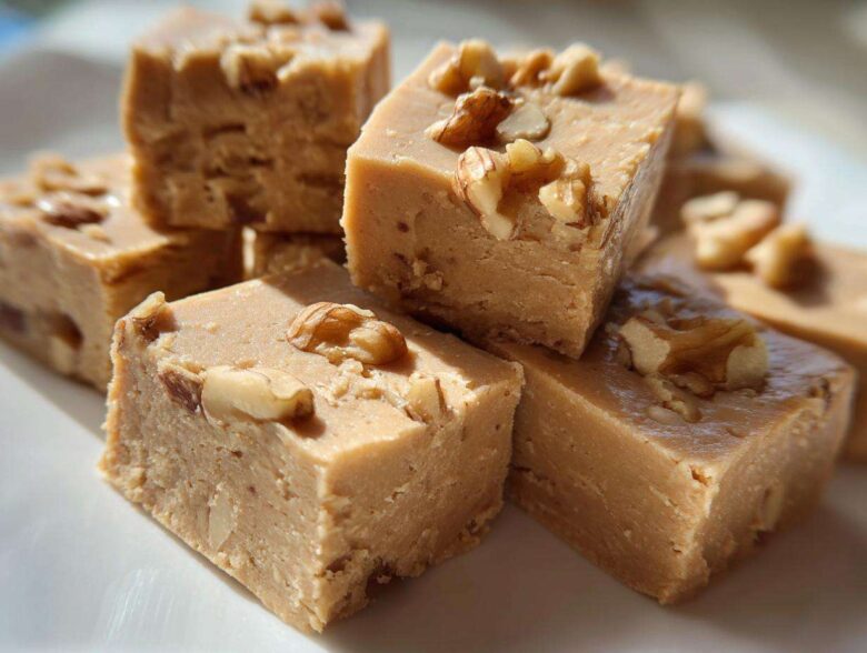 A stack of creamy, light brown maple fudge squares topped with chopped walnuts, ready to eat.