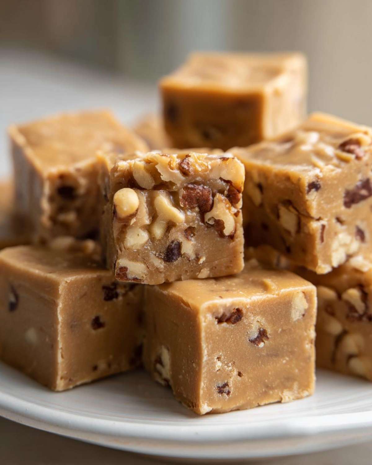A stack of rich, square pieces of homemade maple fudge loaded with chopped nuts.