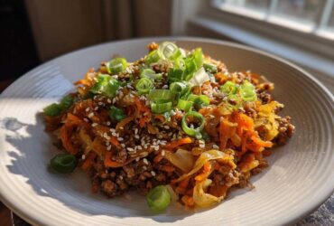 A close-up of a delicious serving of egg roll in a bowl topped with green onions and sesame seeds.