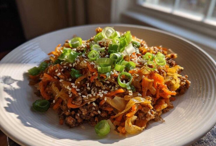 A close-up of a delicious serving of egg roll in a bowl topped with green onions and sesame seeds.