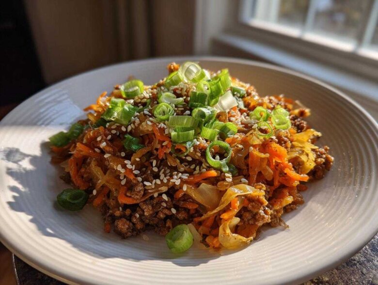 A close-up of a delicious serving of egg roll in a bowl topped with green onions and sesame seeds.