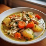 Close-up of a white bowl filled with steaming chicken vegetable soup featuring shredded chicken, large potato chunks, and bright orange carrots.