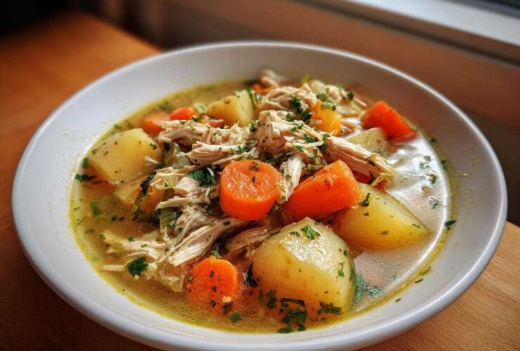 Close-up of a white bowl filled with steaming chicken vegetable soup featuring shredded chicken, large potato chunks, and bright orange carrots.
